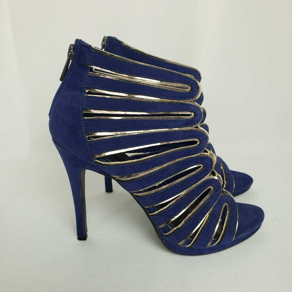 Royal Blue & Gold Cut-Out Peep-Toe Heels, Size 7